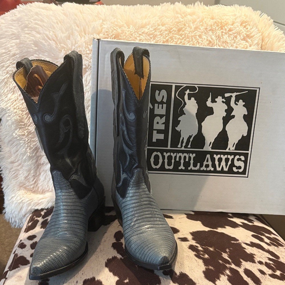 Tres Outlaws handmade Black and denim blue lizard Cowboy Boots NIB 9D